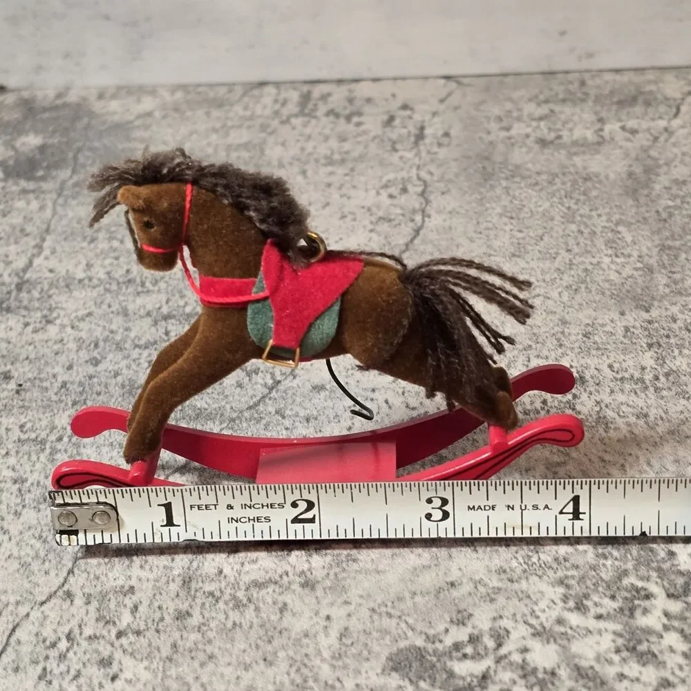 Vintage Flocked Dept 56 Red Rocking Brown Horse Yarn Hair Christmas Ornament